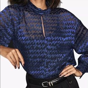 Reiss Tilly Silk Blend Burnout Aztec Pattern Blouse, Cobalt